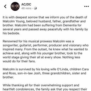 又一颗伟大的摇滚巨星陨落，AC/DC前​吉他​手安详去世