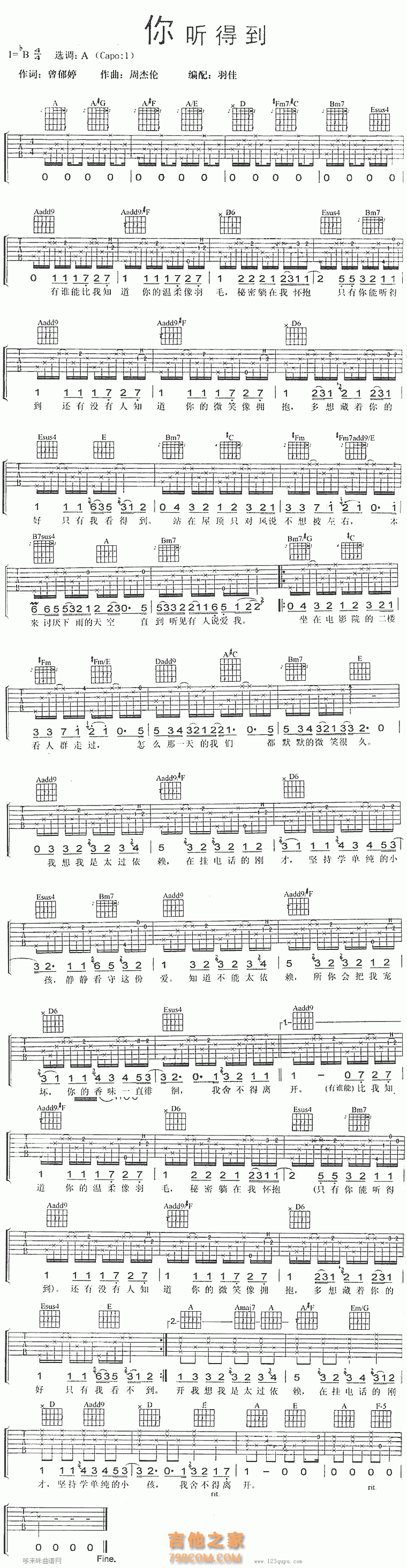你听得到-周杰伦吉他谱图片