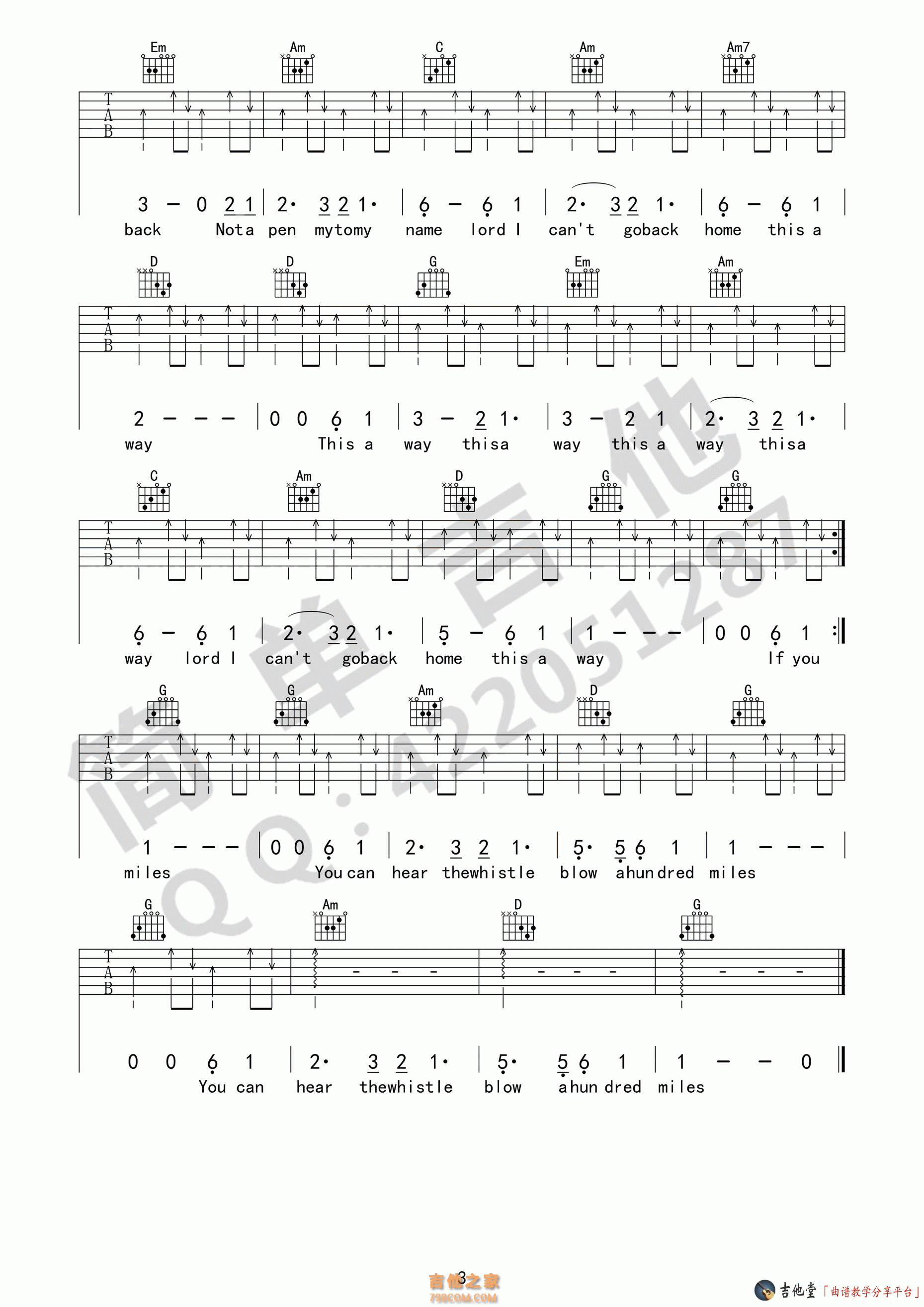 500 miles高清六线谱