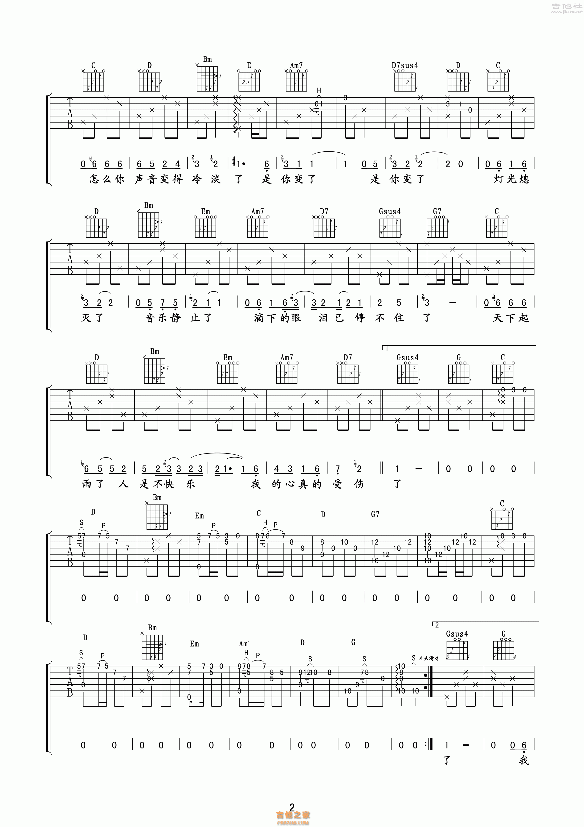 我真的受伤了吉他谱 C调简单版 张学友 高清弹唱谱-看谱啦
