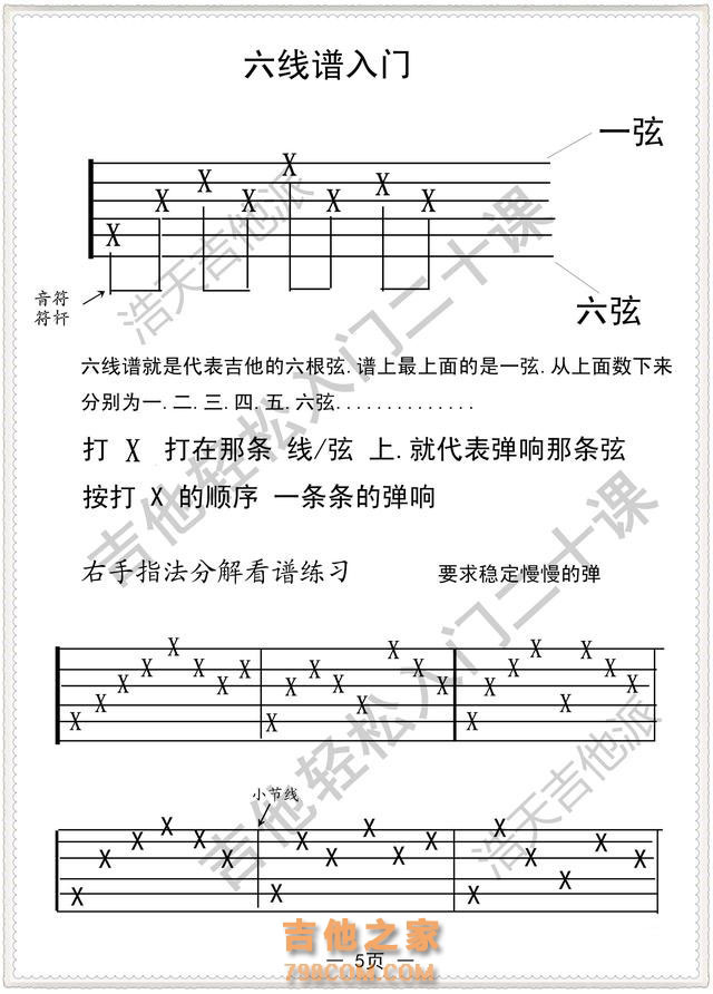 民谣《吉他轻松入门二十课》右手指法 六线谱入门「第一课」