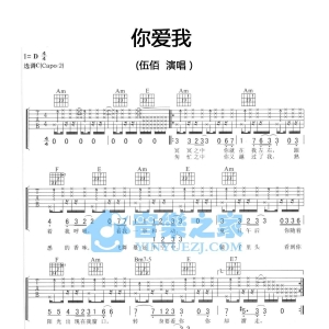 C调双吉他版伍佰《你爱我》吉他弹唱六线谱