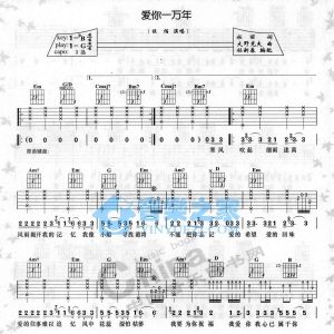 G调版伍佰《爱你一万年》吉他弹唱六线谱