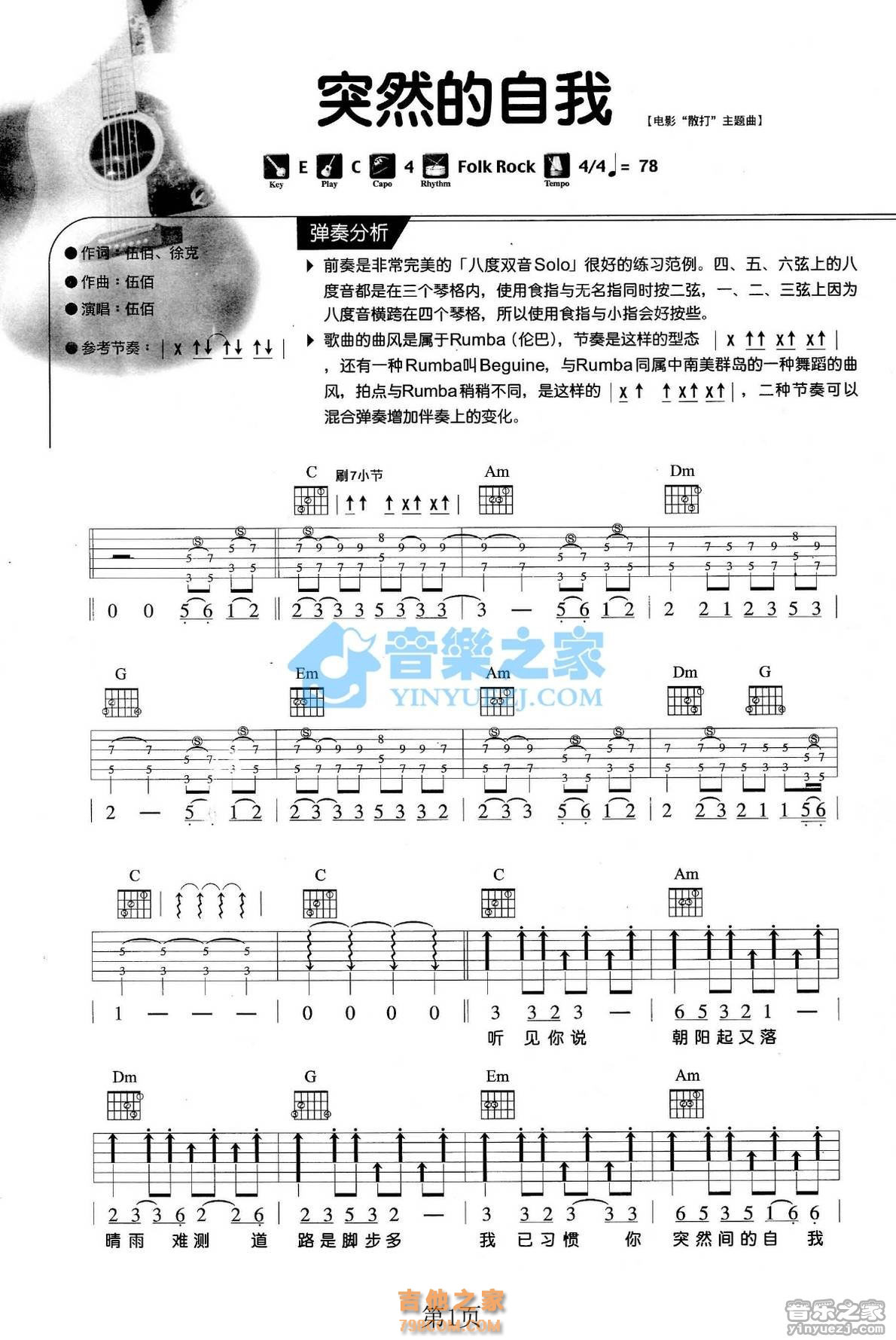 卢家宏C调版 伍佰《突然的自我》吉他弹唱六线谱1