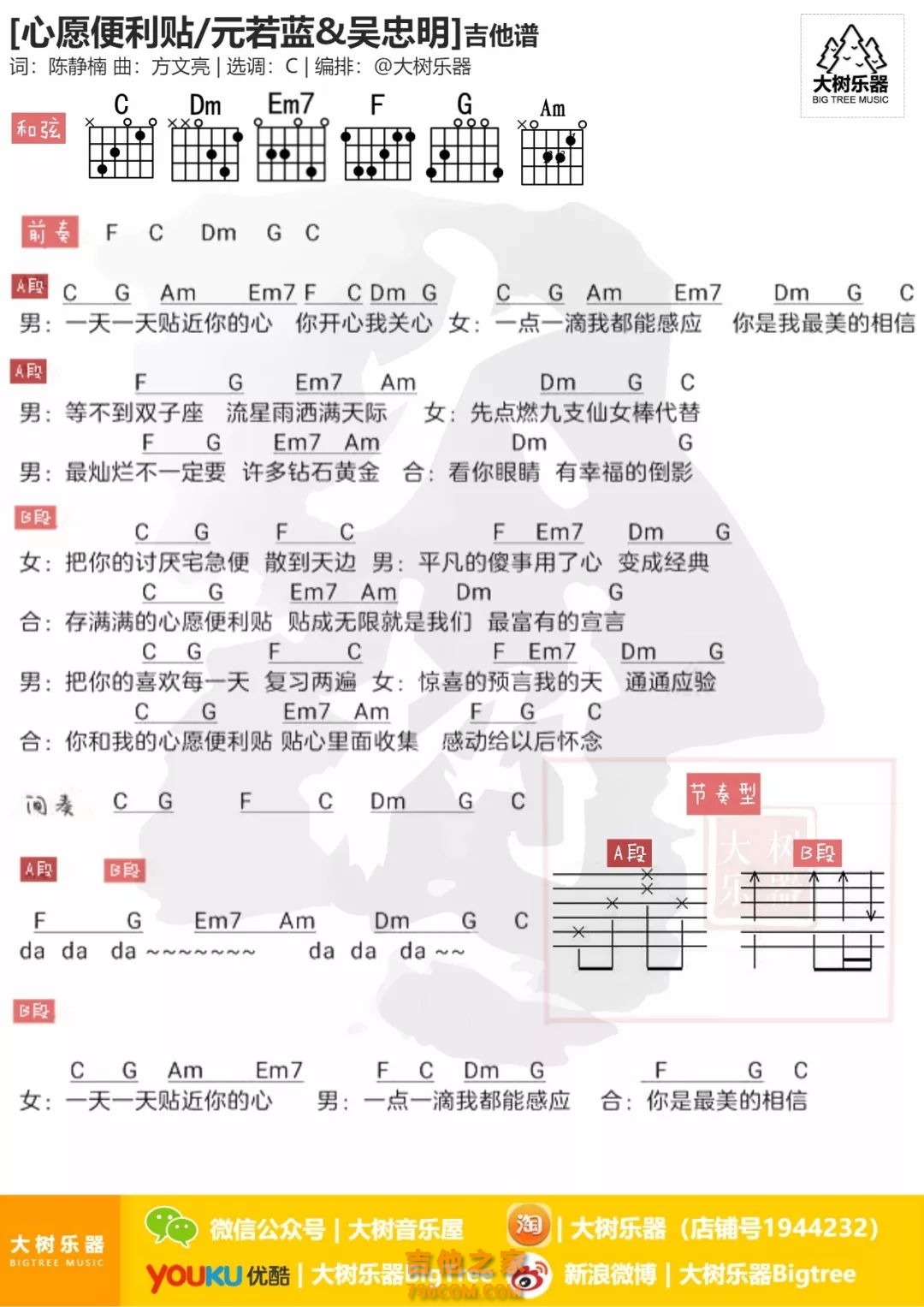 心愿便利贴吉他谱,原版歌曲,简单未知调弹唱教学,六线谱指弹简谱1张图 - 极网吉它谱大全