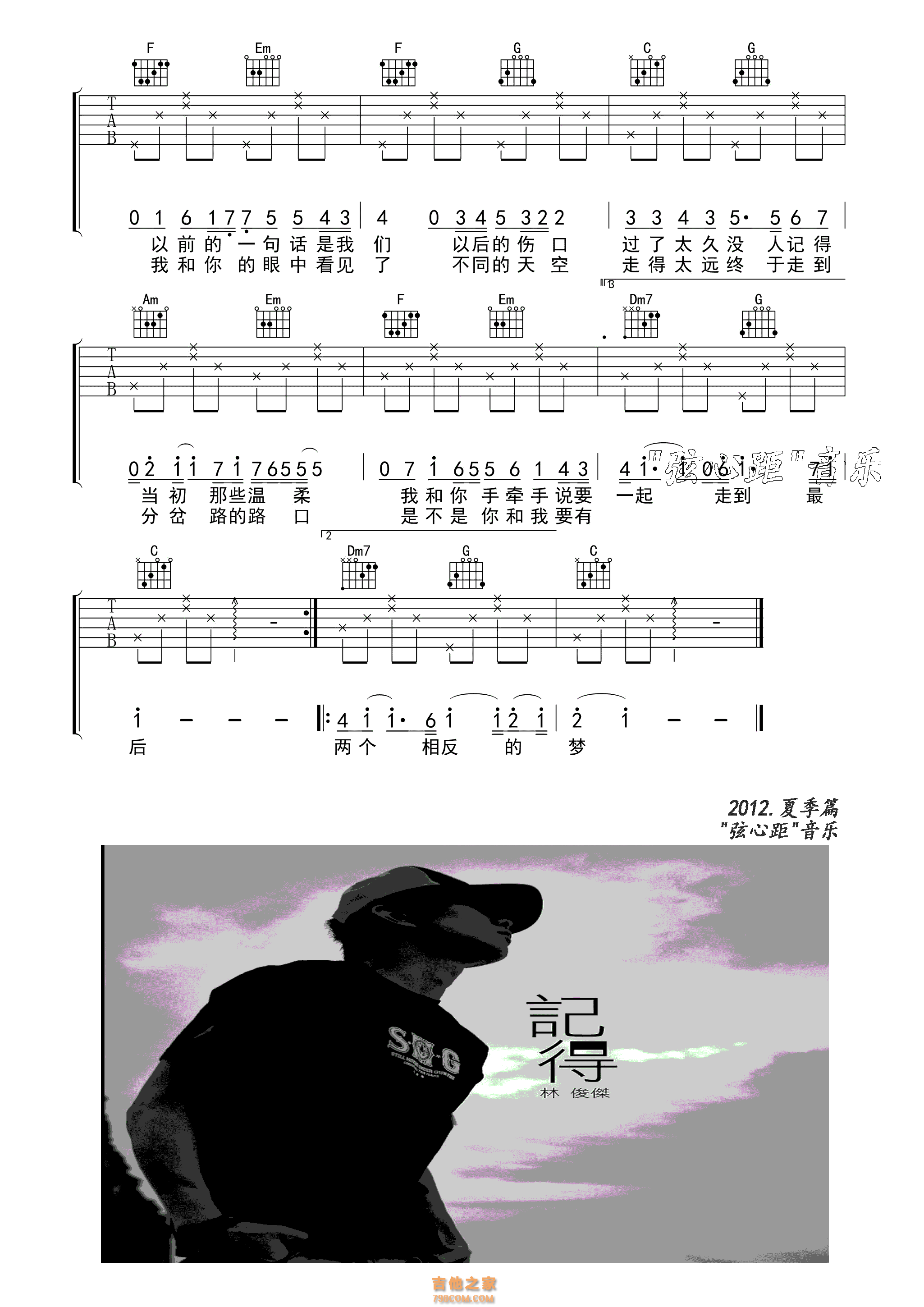 记得吉他谱_林俊杰_C调指法版弹唱六线谱-吉他派