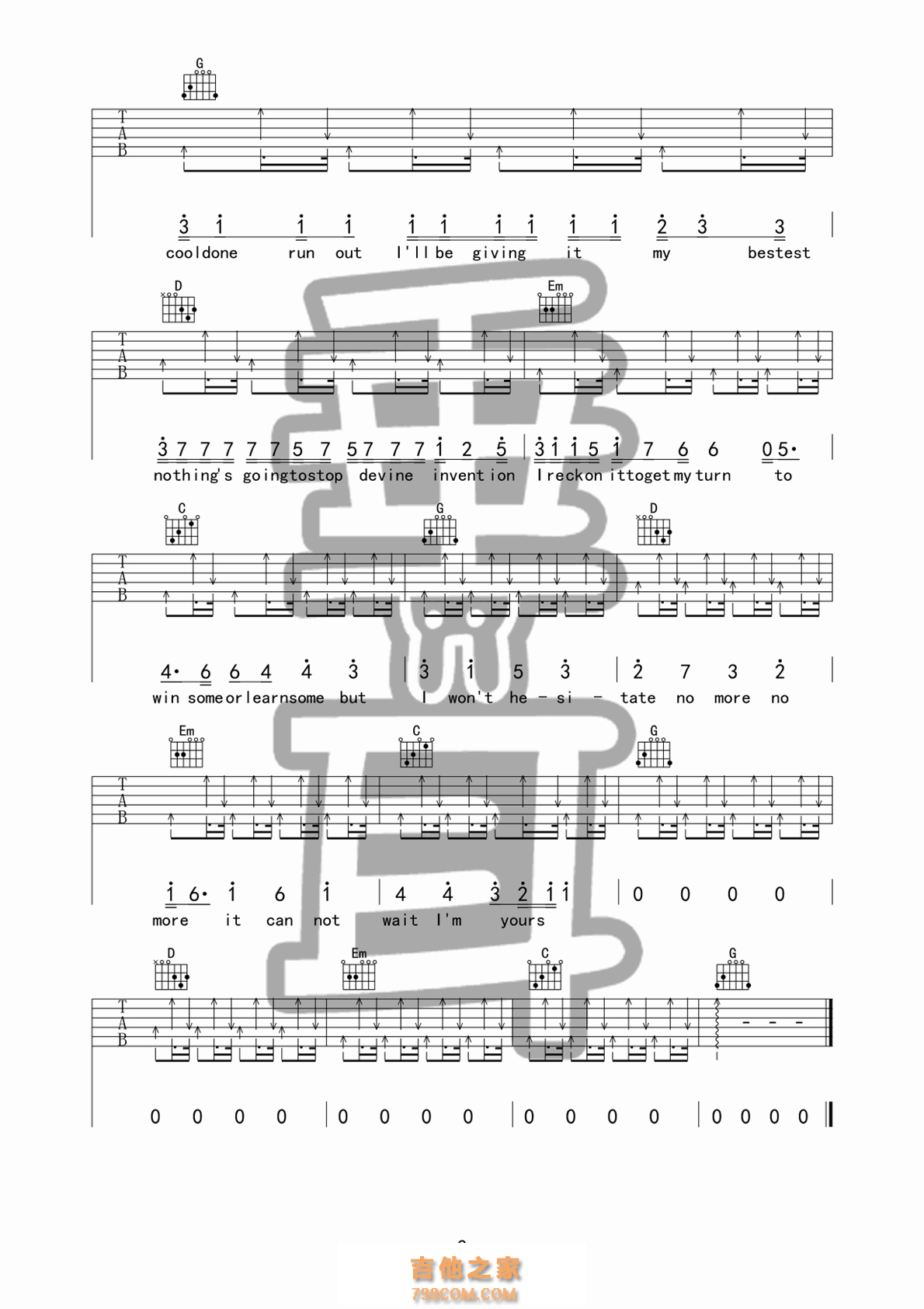 I'm yours吉他谱 Jason Mraz G调垂耳吉他版