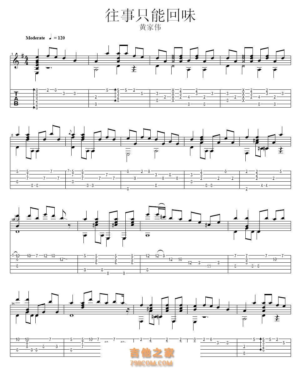 黄家伟版《往事只能回味》指弹独奏吉他谱六线谱