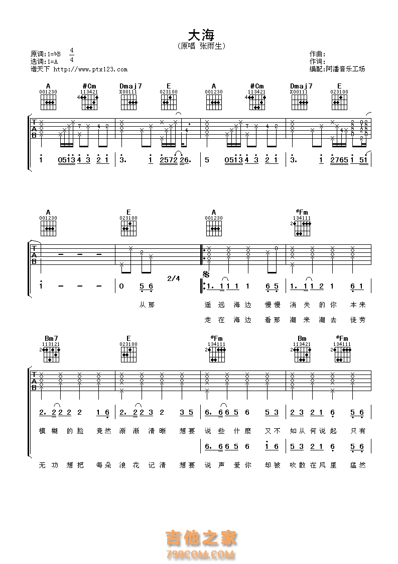 张雨生《大海》吉他谱六线谱【高清版】