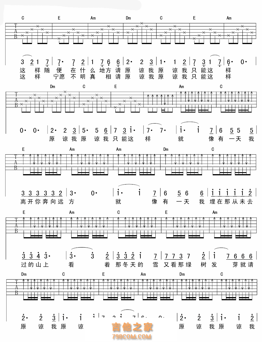 谢笑天《请原谅我》吉他谱六线谱【高清谱】