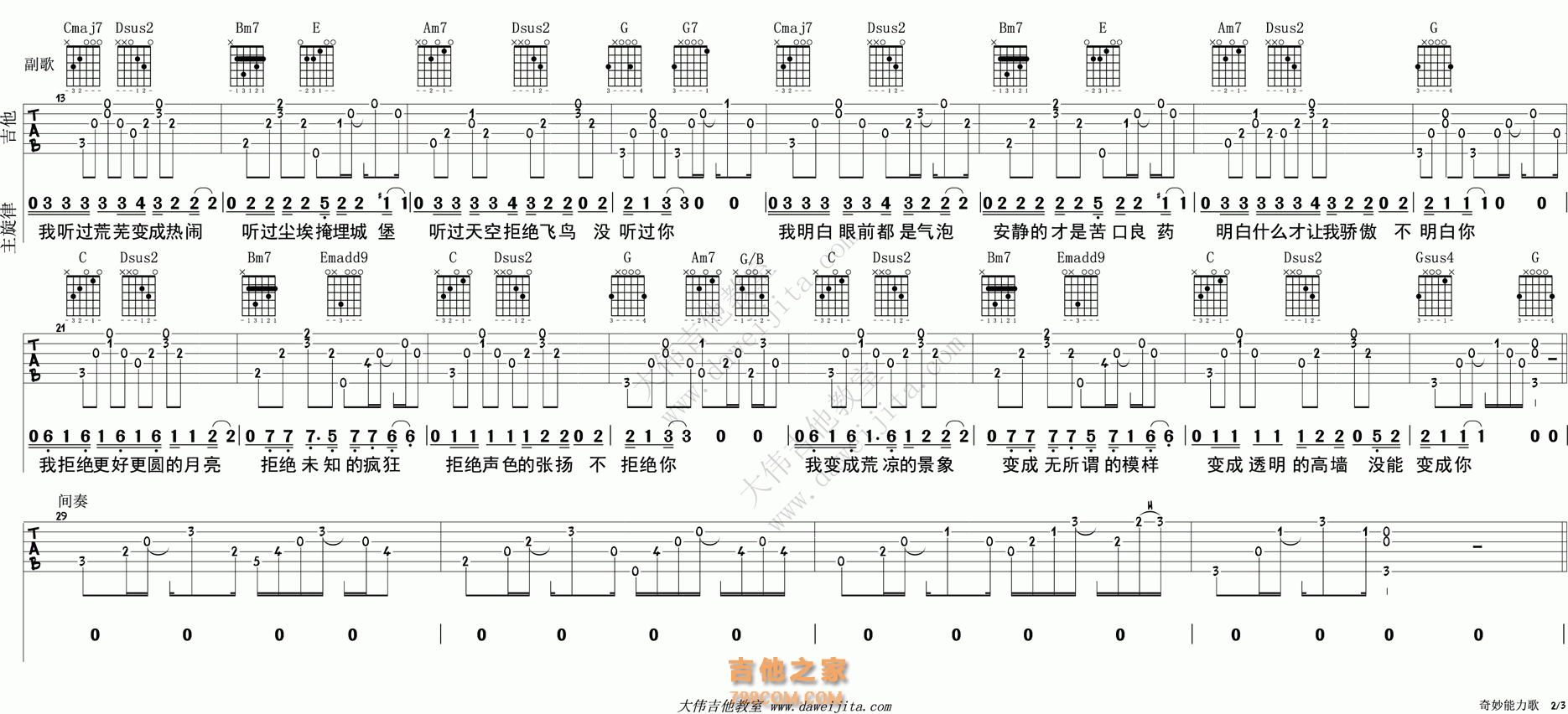 2大伟G调版 陈粒《奇妙能力歌》吉他弹唱六线谱