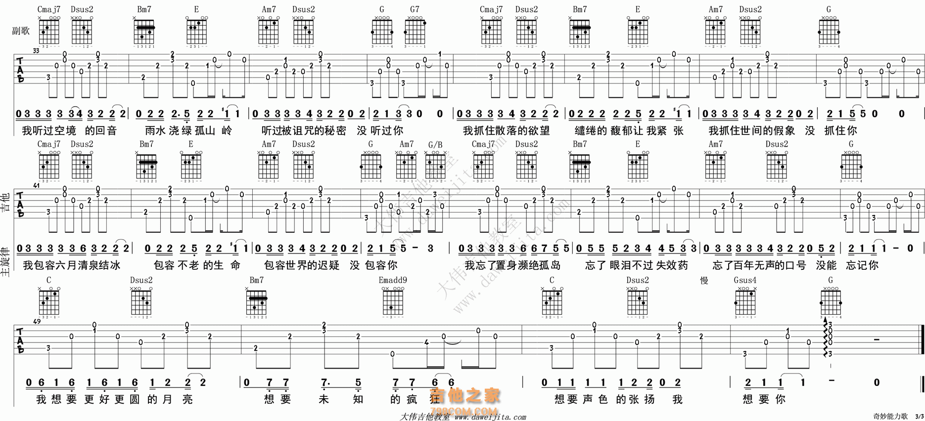 奇妙能力歌吉他谱_C调_陈粒_吉他弹唱图片谱 - 民谣吉他谱 - 吉他网