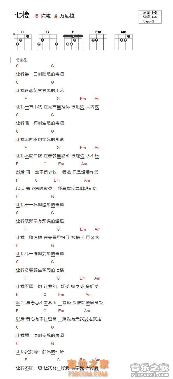 C调版 陈粒《七楼》吉他和弦弹唱谱