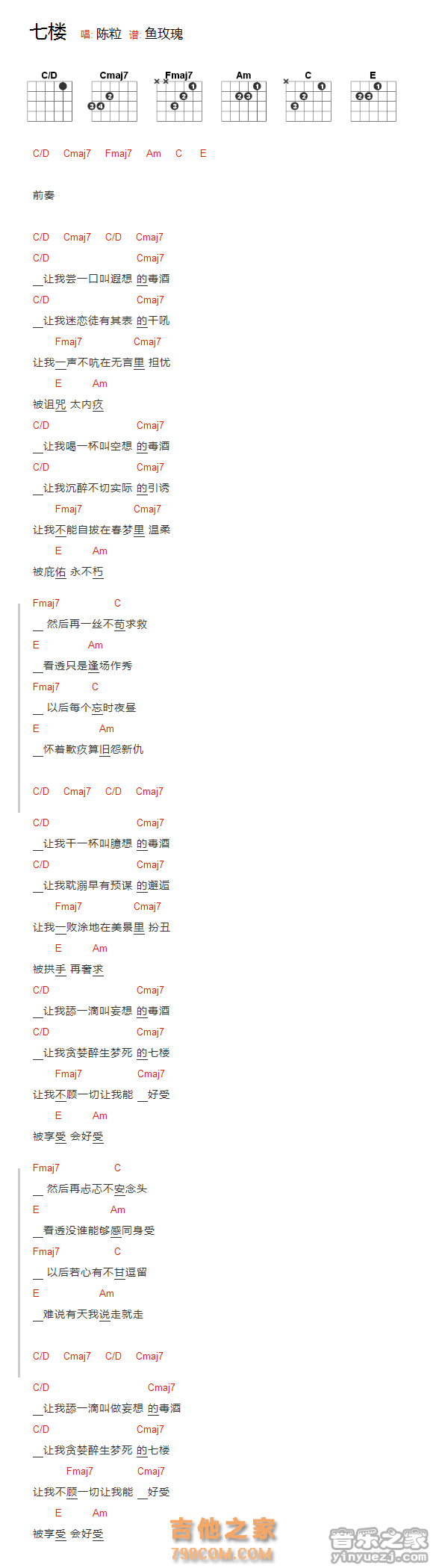 陈粒《七楼》吉他和弦弹唱谱