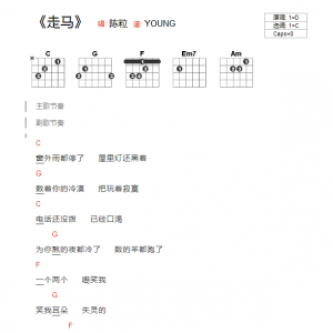 陈粒《走马》走马C调吉他谱  吉他和弦弹唱谱