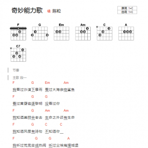 陈粒《奇妙能力歌》奇妙能力歌C调吉他谱 吉他和弦弹唱谱
