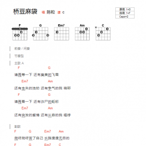 陈粒《桥豆麻袋》桥豆麻袋F调吉他谱 吉他和弦弹唱谱