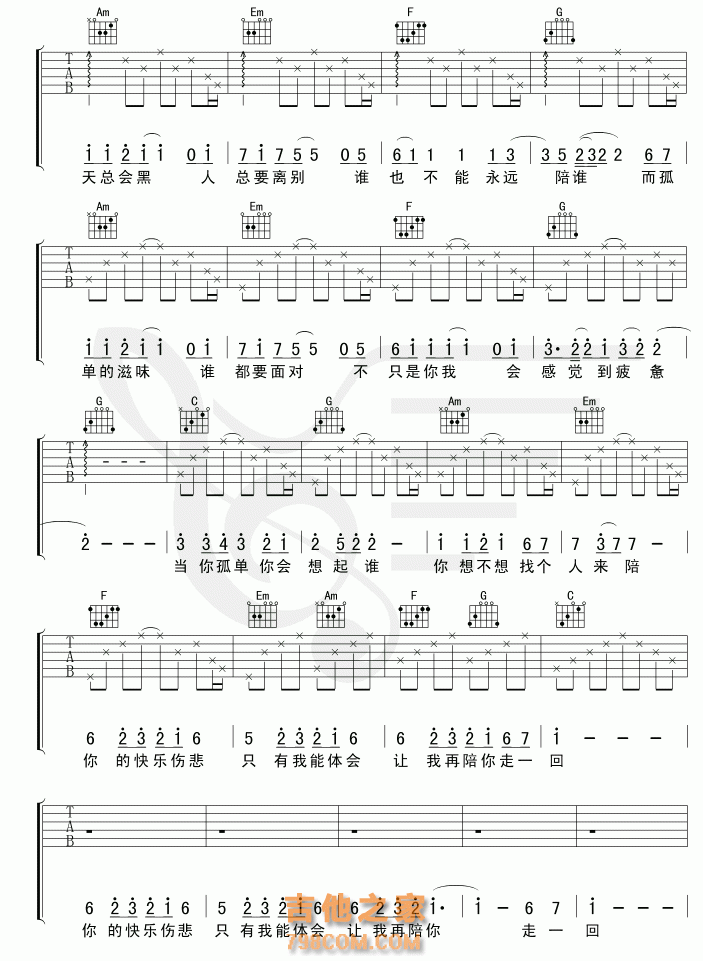 张栋梁-当你孤单你会想起谁吉他谱六线谱【简单版】