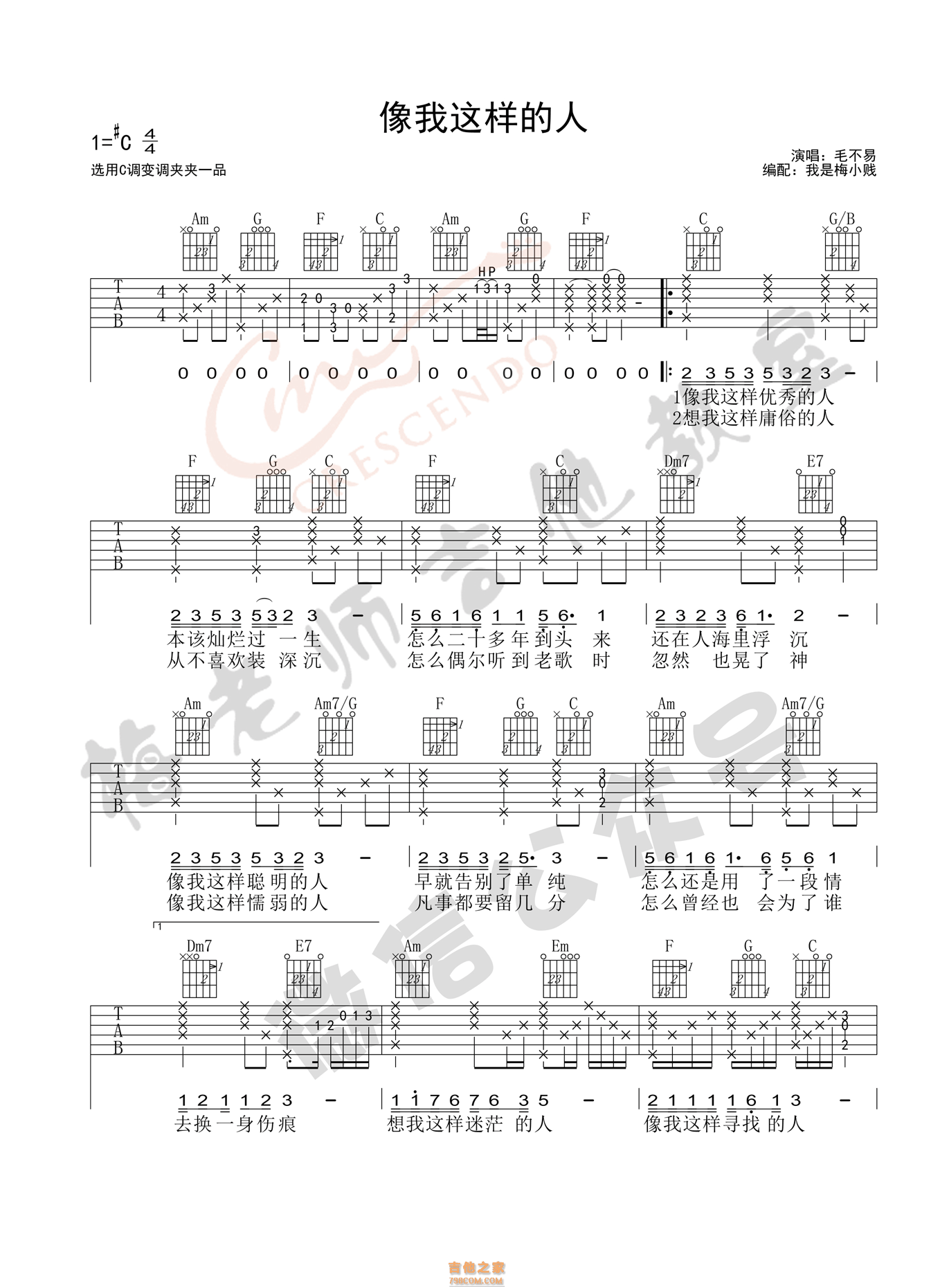 像我这样的人吉他谱 毛不易 C调梅老师吉他教室版