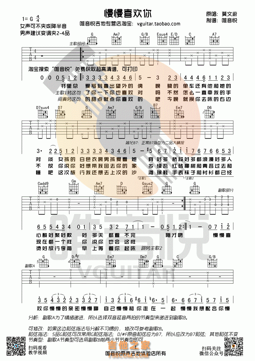 慢慢喜欢你吉他谱 莫文蔚 G调简单版 唯音悦吉他社编配