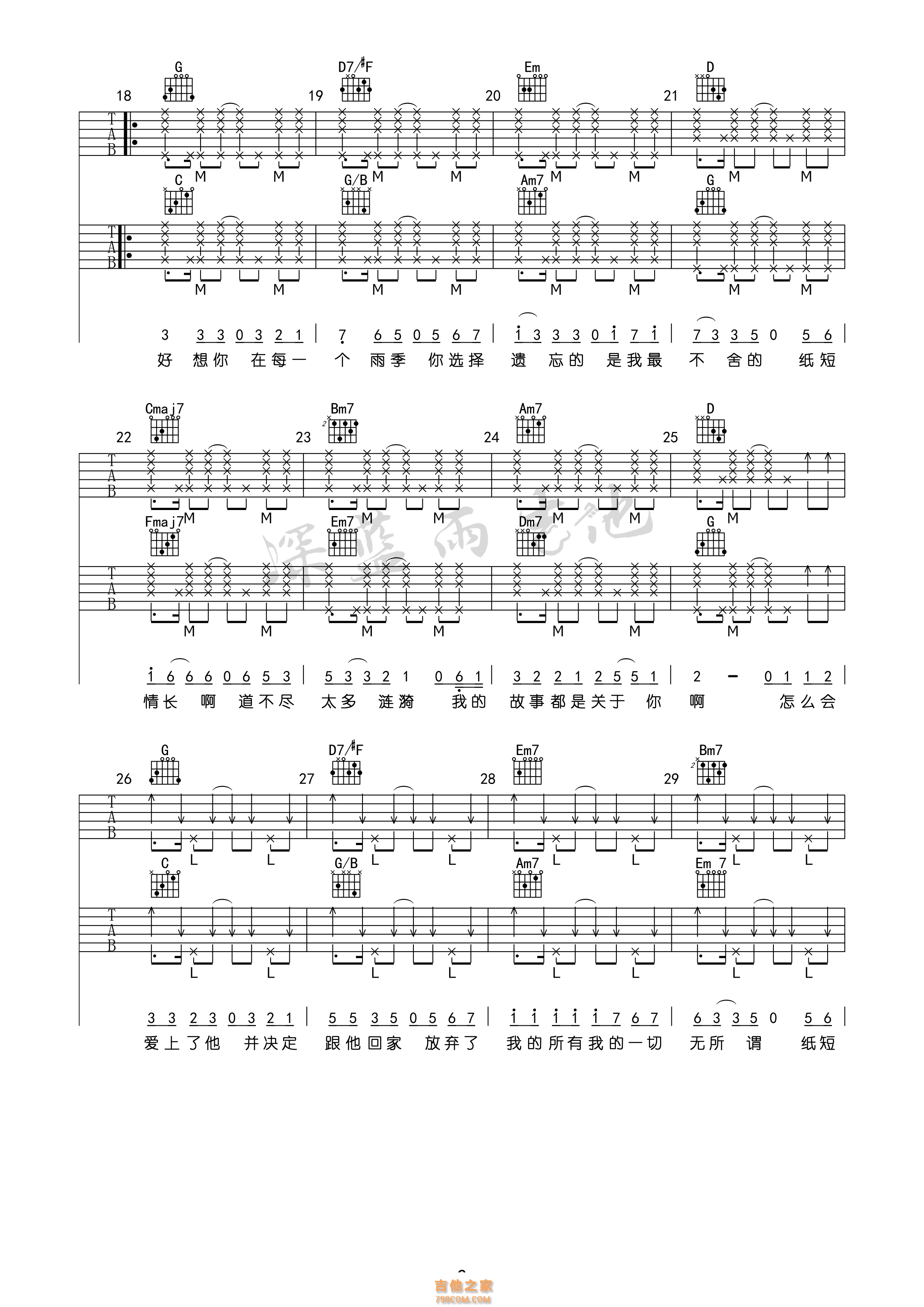 纸短情长吉他谱 烟把儿乐队 深蓝雨吉他版高清谱