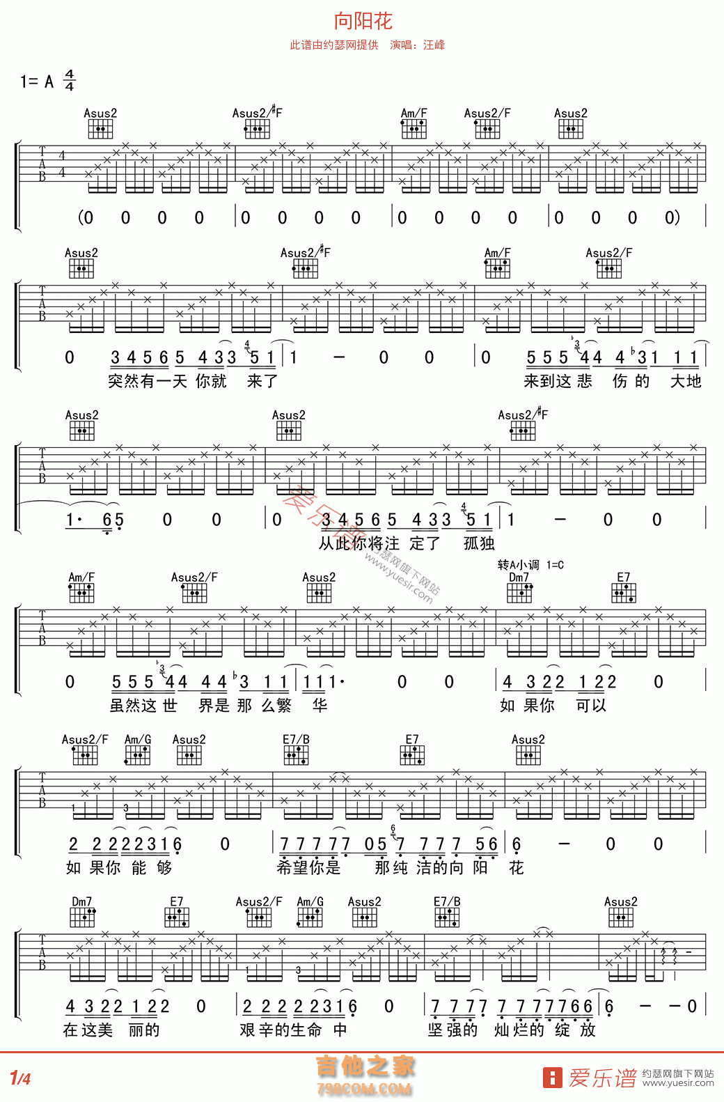 向阳花 - 民谣吉他谱 吉他谱 吉他六线谱