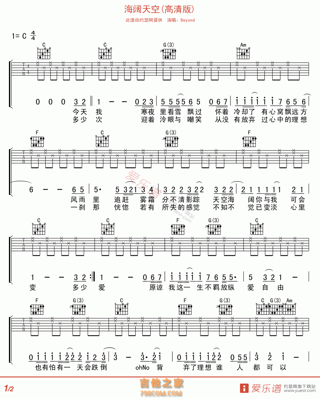 海阔天空(高清版) - 民谣吉他谱 吉他谱 吉他六线谱