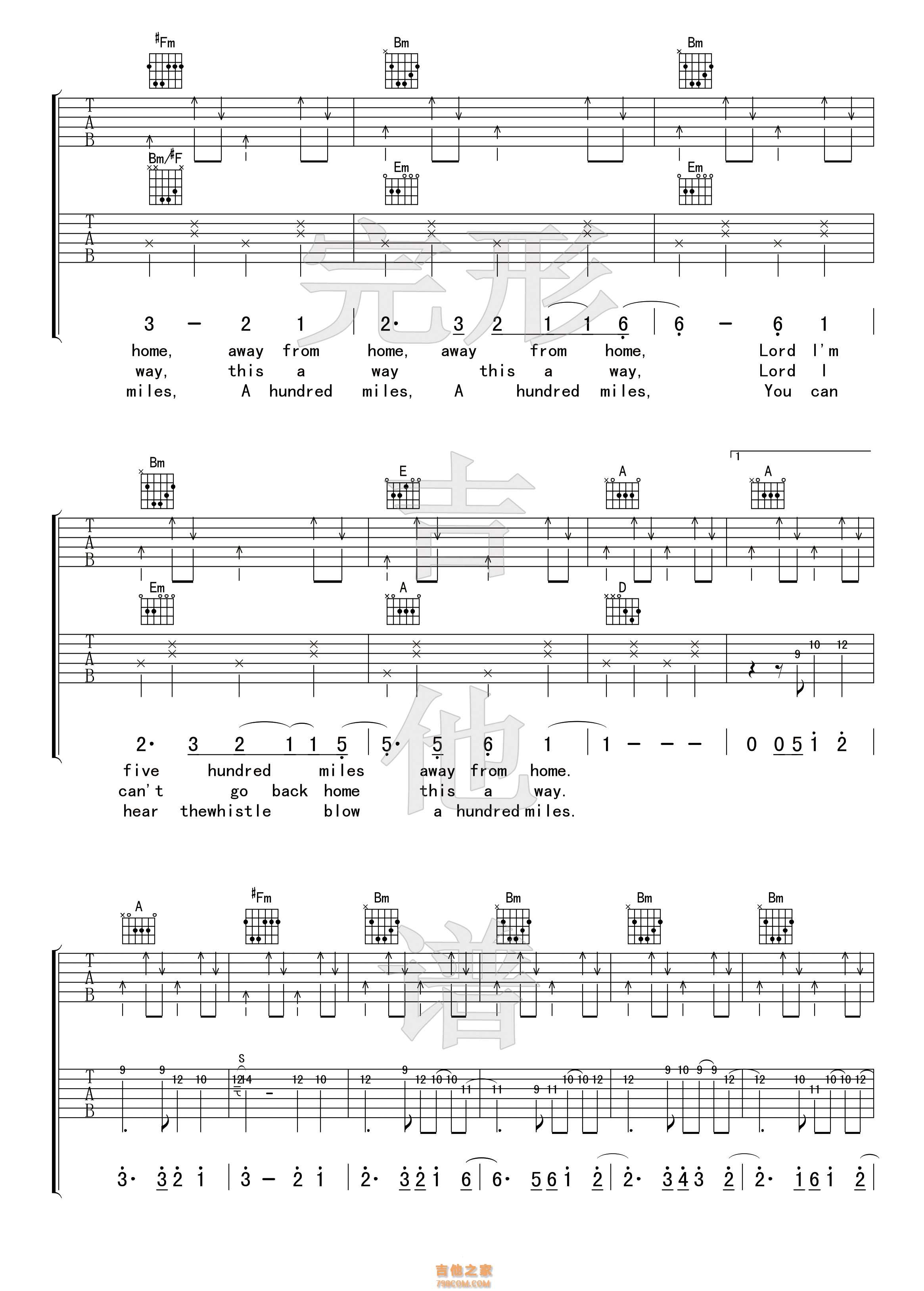 《500 Miles/Five Hundred Miles离家五百英里》吉他谱_柏通乐器