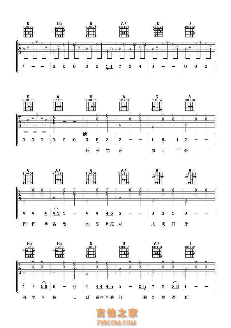 何炅《栀子花开》吉他谱六线谱