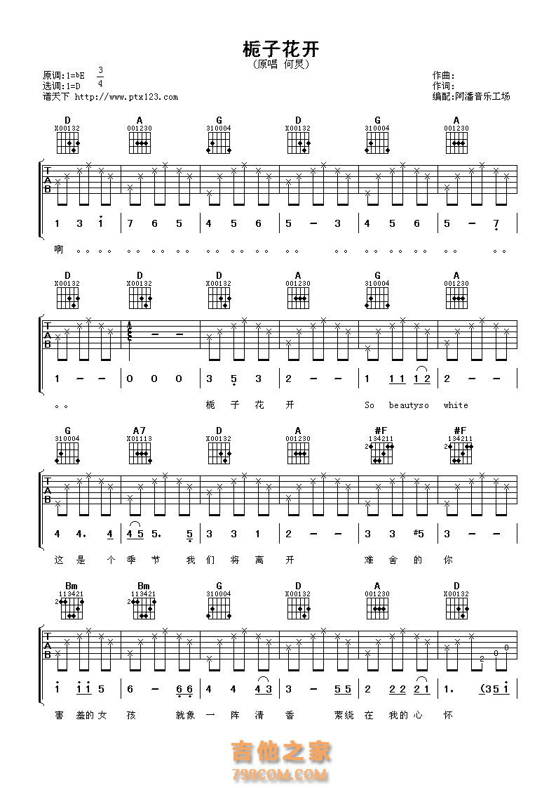 何炅《栀子花开》吉他谱六线谱