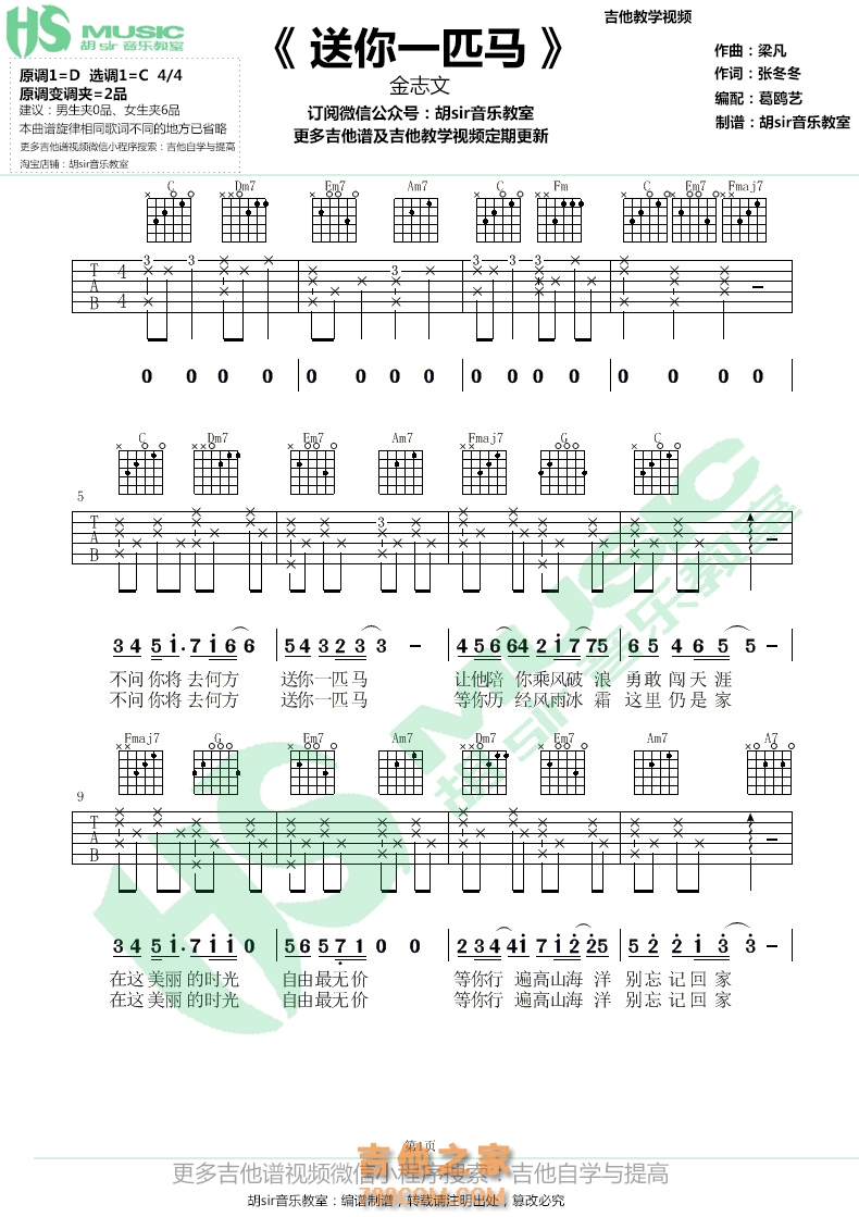 送你一匹马吉他谱 金志文 C调简单版【胡sir音乐教室】