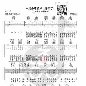 陈鸿宇《一如少年模样》一如少年模样吉他谱  C调小磊吉他教室高清版 ...