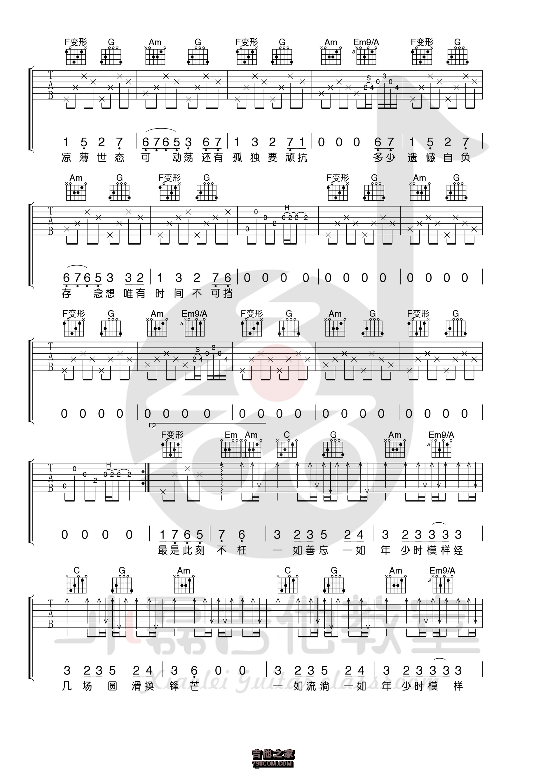 一如少年模样吉他谱 陈鸿宇 C调小磊吉他教室高清版