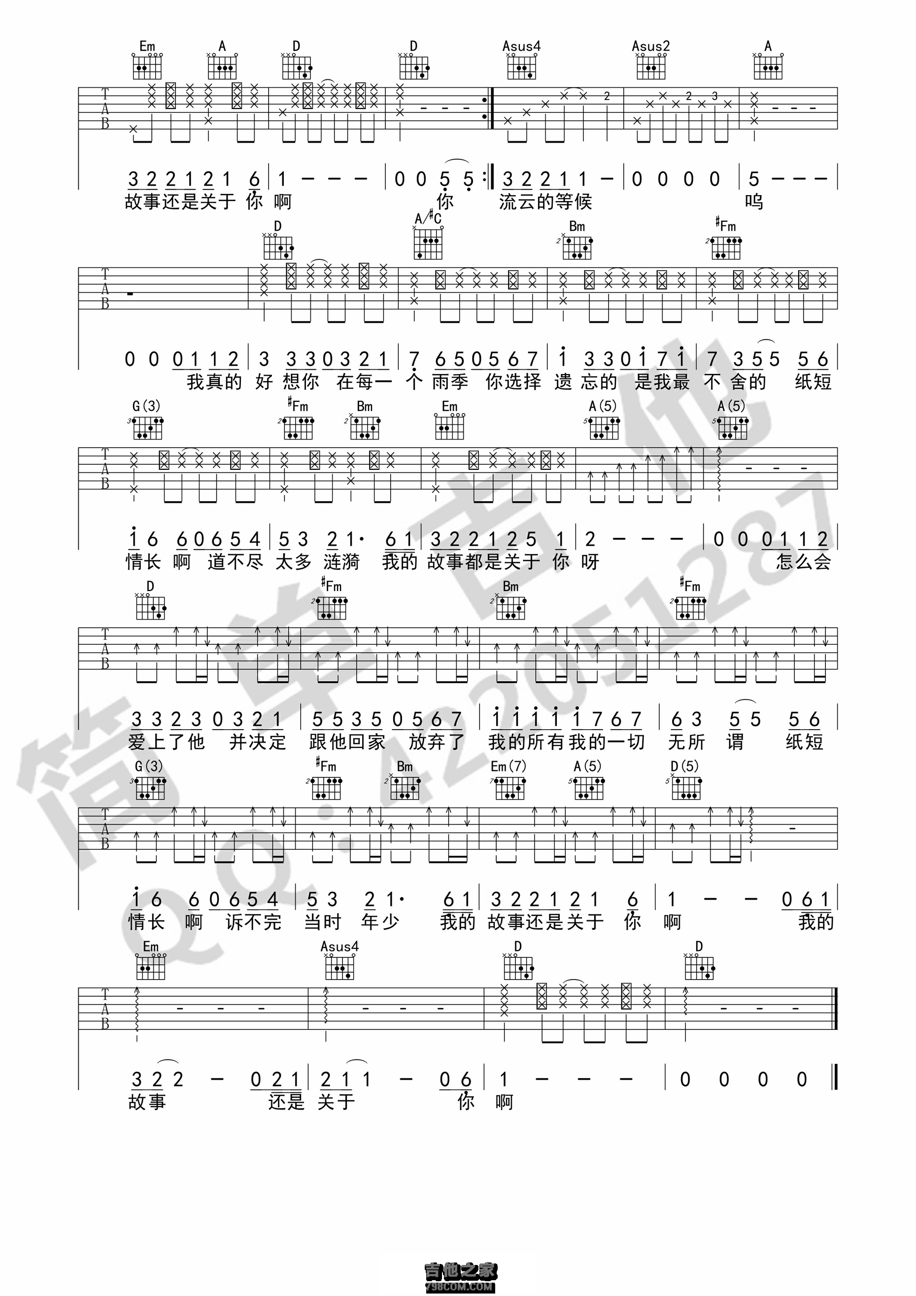 纸短情长指弹吉他谱_烟把儿乐队_独奏六线谱_指弹吉他教学 - 酷琴谱