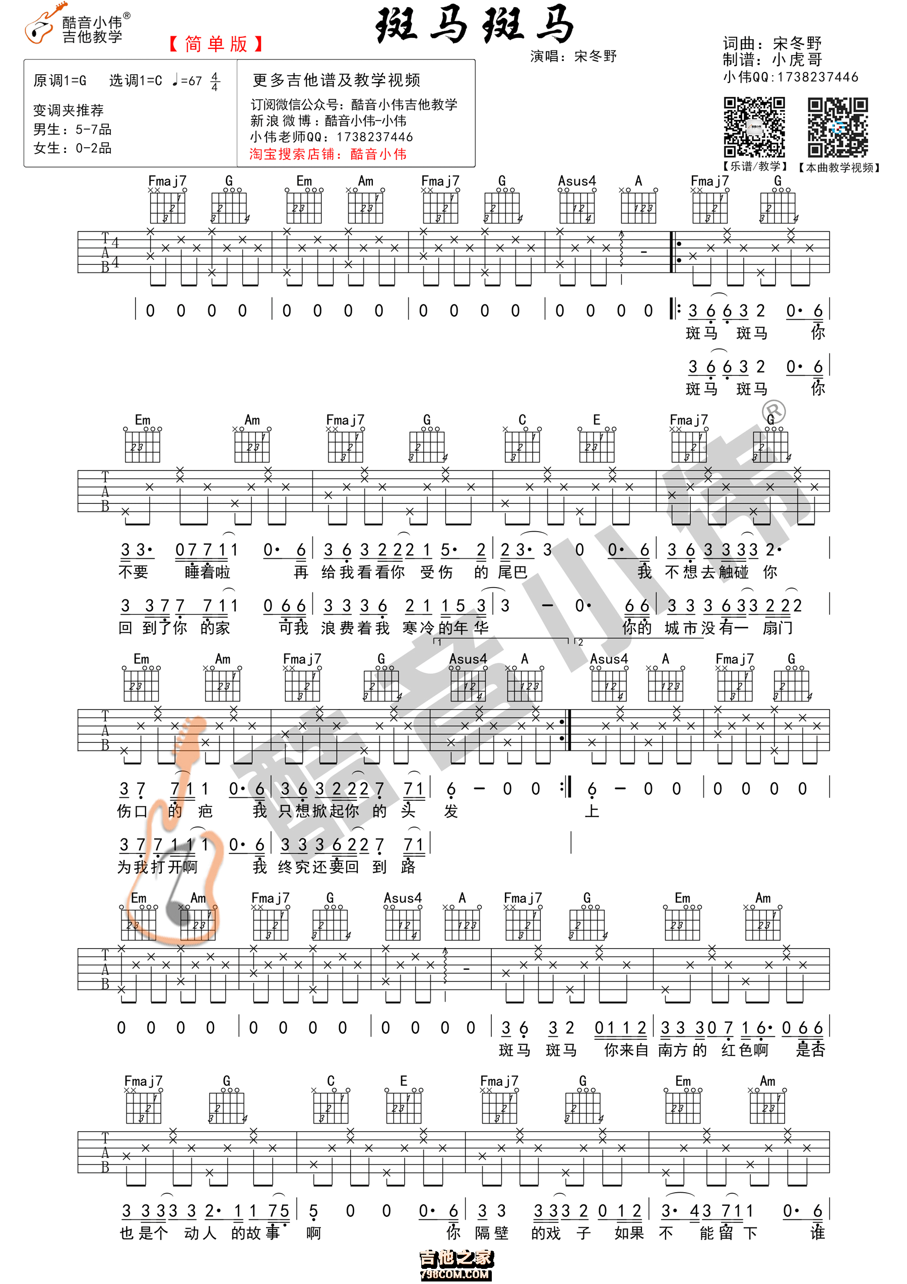 斑马斑马吉他谱 宋冬野 C调简单版（酷音小伟吉他）