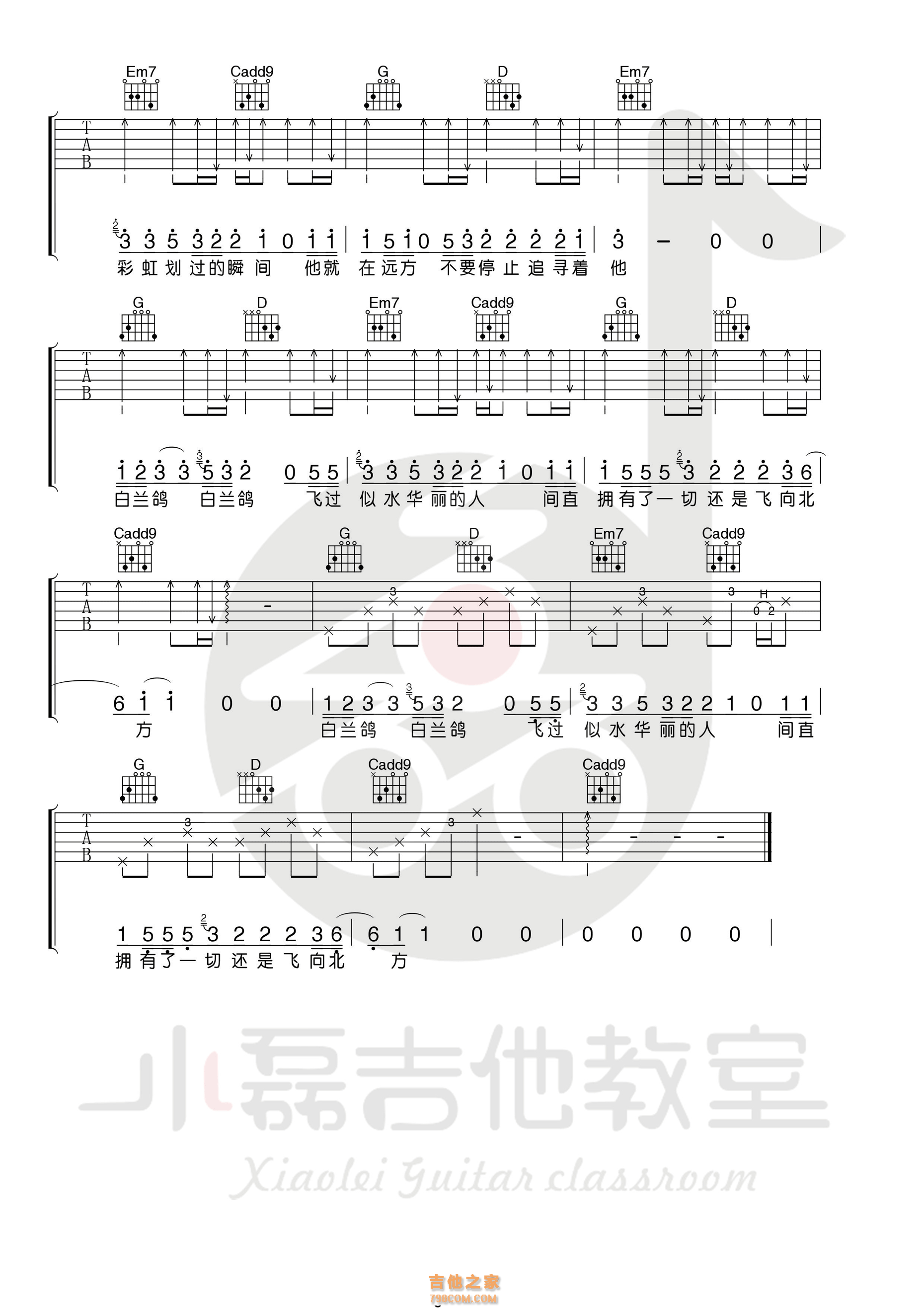 丢火车乐队白兰鸽巡游记G调吉他谱