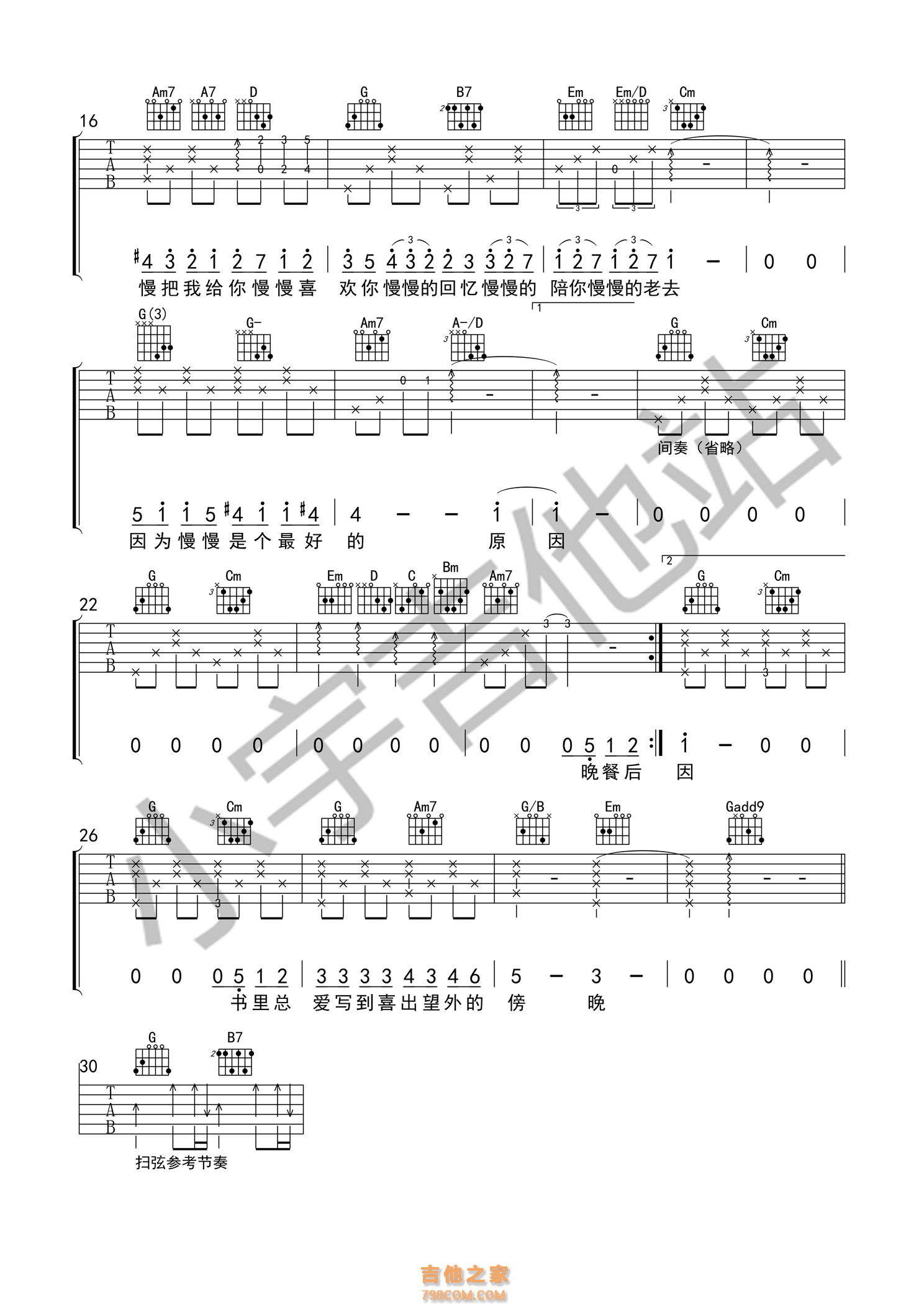 慢慢喜欢你吉他谱 莫文蔚 G调小宇吉他站编配