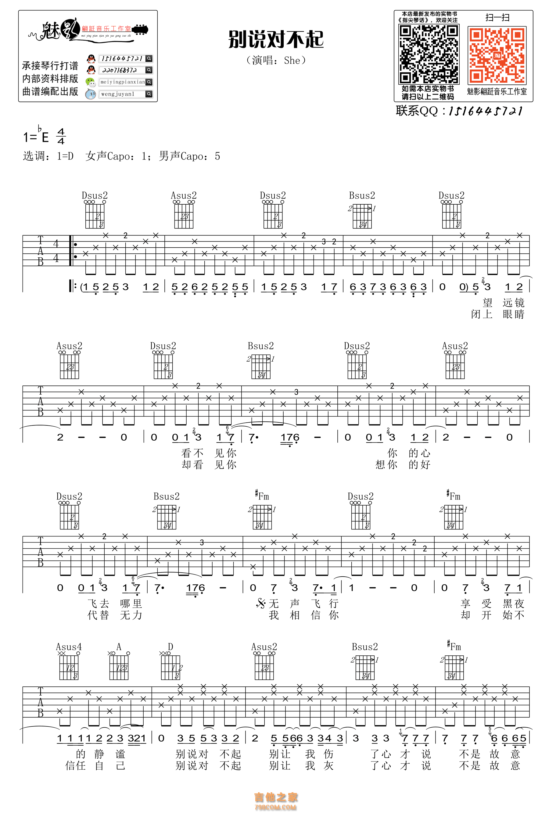 SHE别说对不起D调吉他谱