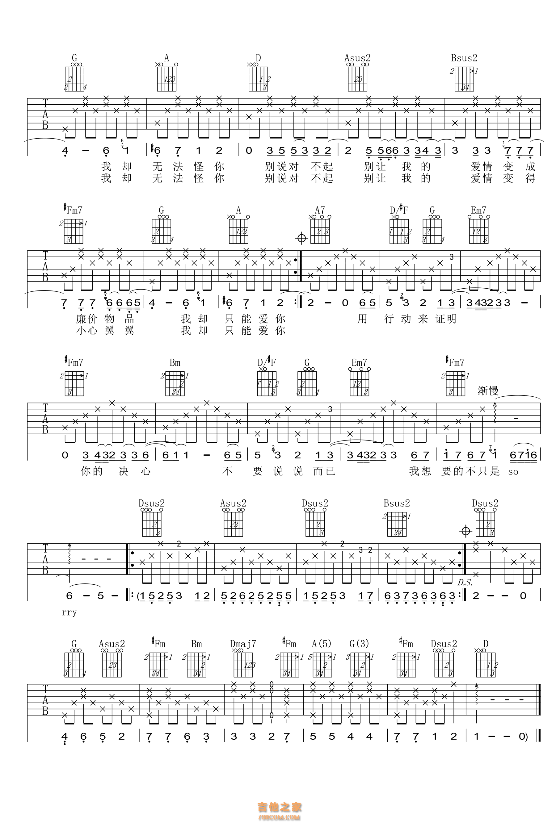 SHE别说对不起D调吉他谱