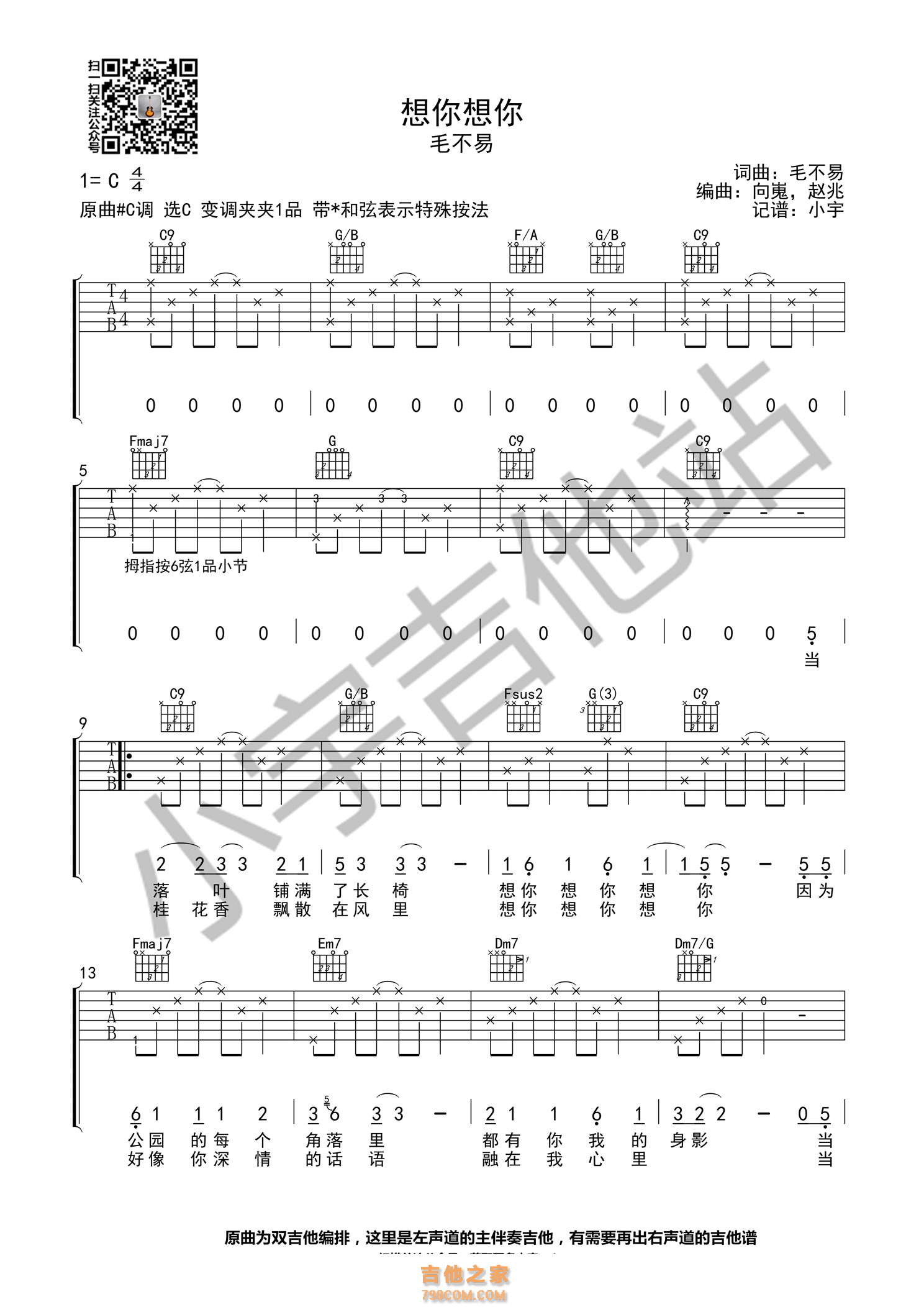 毛不易《想你想你》想你想你C调吉他谱
