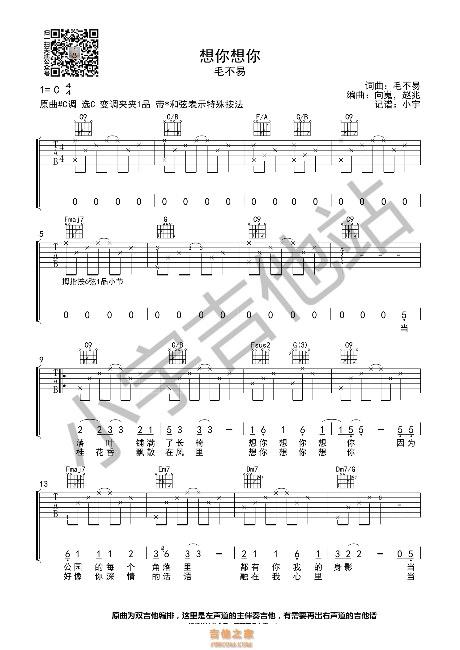 毛不易《想你想你》想你想你C调吉他谱 