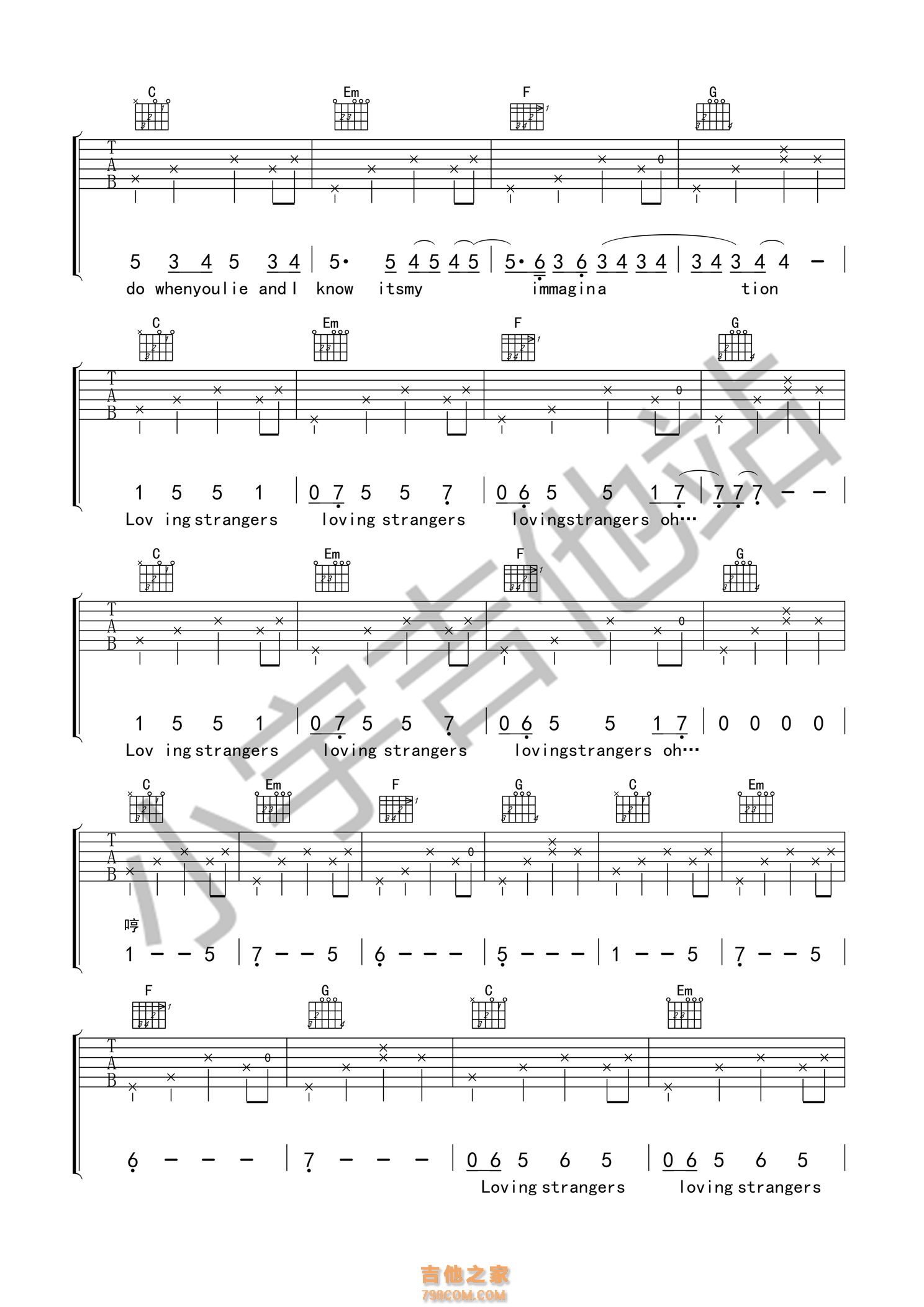 Loving strangers吉他谱 C调中国好声音 Tiger谭秋娟 