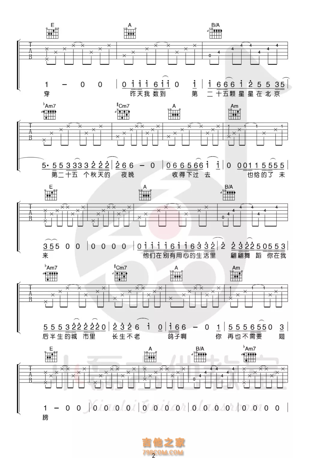 鸽子吉他谱_宋冬野_吉他弹唱视频教学_E调吉他谱 - 吉他堂