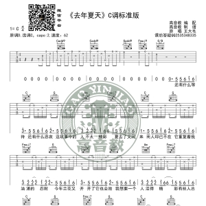 《去年夏天》吉他谱C调标准版 王大毛 高音教编配