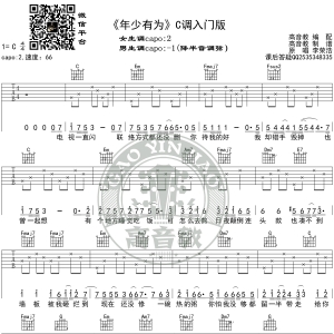 《年少有为》吉他谱C调入门版 李荣浩 高音教编配