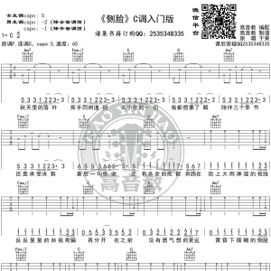 入门版《侧脸》吉他谱C调 于果 高音教编配
