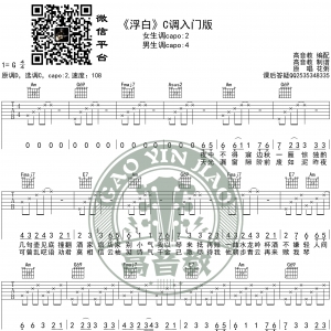 《浮白》吉他谱C调入门版 花粥 高音教编配
