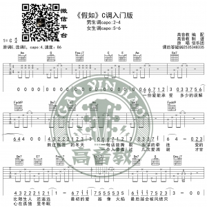 抖音热曲《假如》吉他谱C调入门版 信乐团 高音教编配