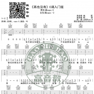 抖音热曲《再也没有》吉他谱C调入门版 高音教编配