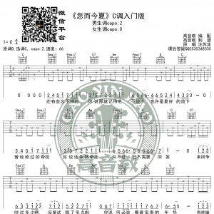 《忽而今夏》吉他谱C调入门版 汪苏泷 高音教编配